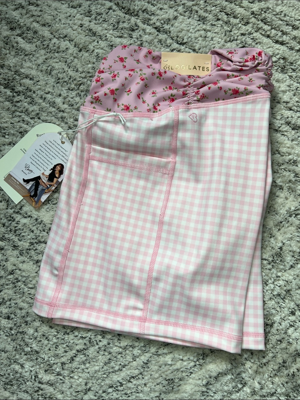 NWT Blogilates Pink Gingham and White Shorts with Floral Waistband